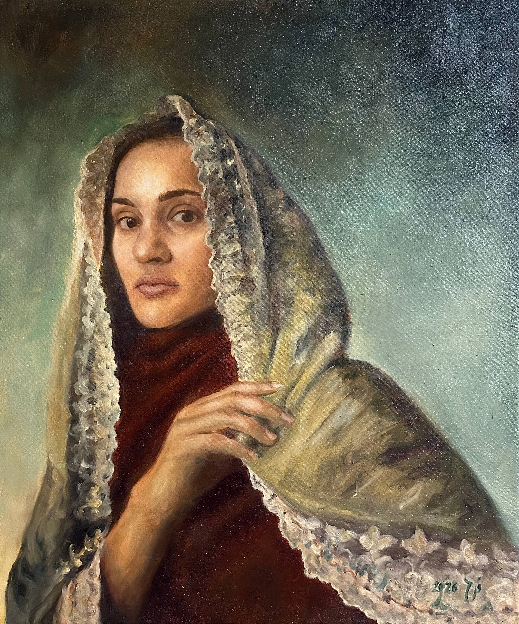 classical oil painting portrait girl with hijab