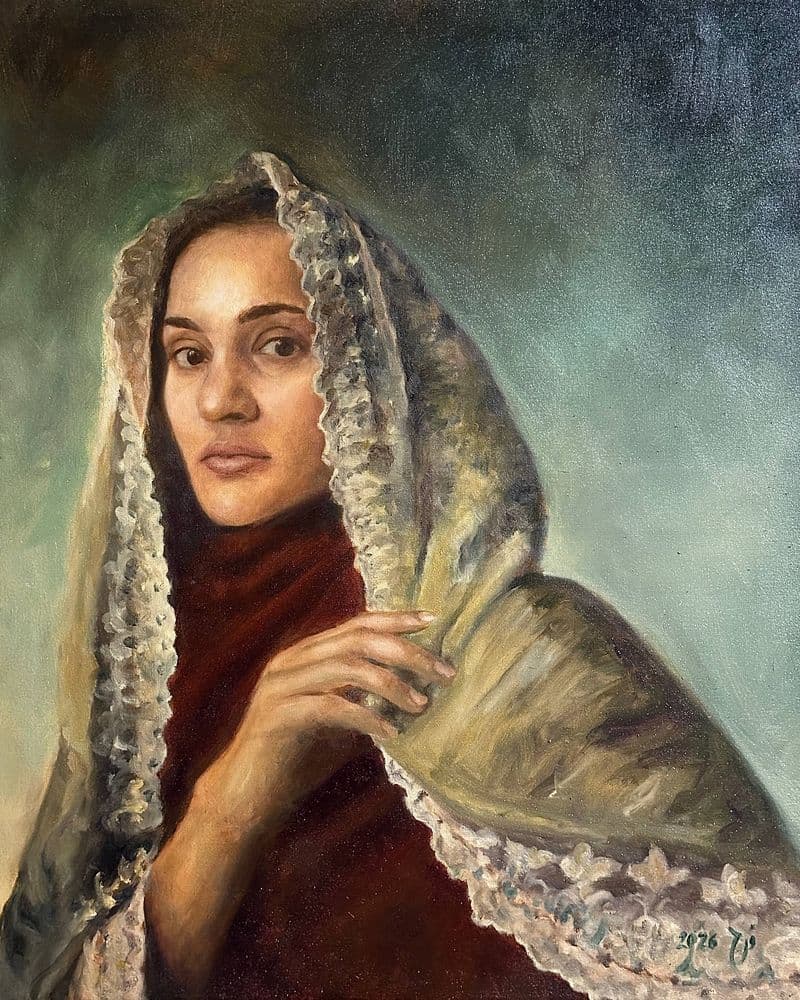 classical oil painting portrait girl with hijab